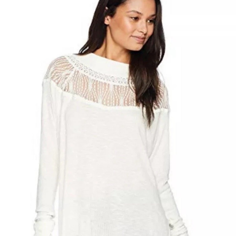 FREE PEOPLE Ivory TRAVELING CROCHET LACE CREW NECK SWEATER Sz S
